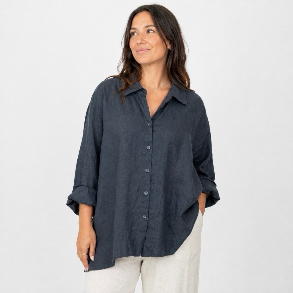 FLAX Black 100% Linen Oversized Button Up Shirt Lagenlook 3/4 Sleeve Top 1G 1X